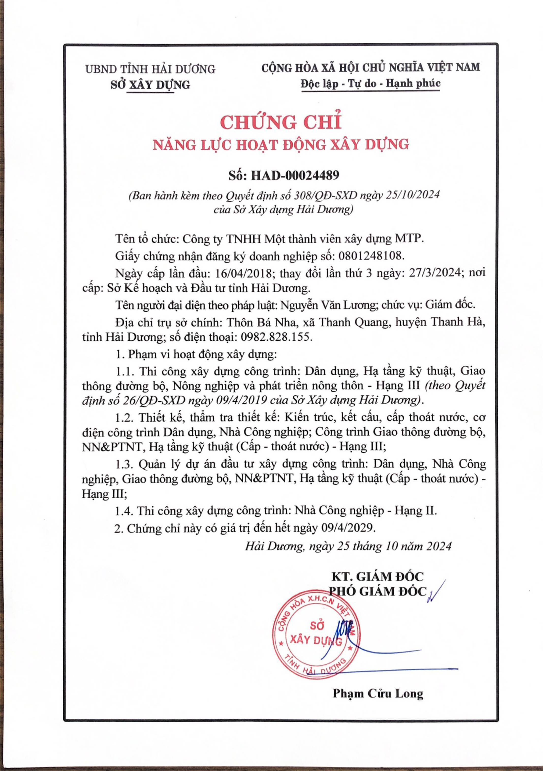 Chứng chỉ năng lực XD  MTP-4